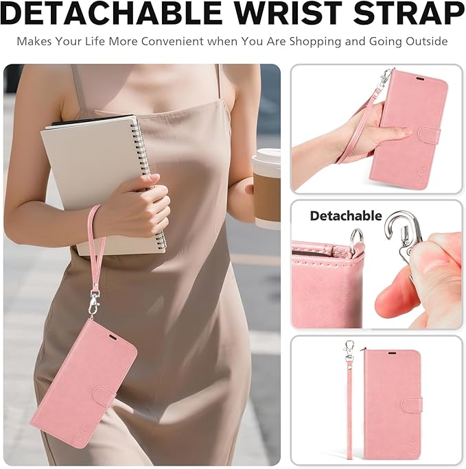 TUCCH Wallet Case for iPhone 17 Pro Max (6.9") 2025, Wrist Strap | 4 Card Slots | RFID Blocking | Stand | Shockproof TPU Shell | PU Leather | Magnetic | Protective Flip Cover | Rose Gold