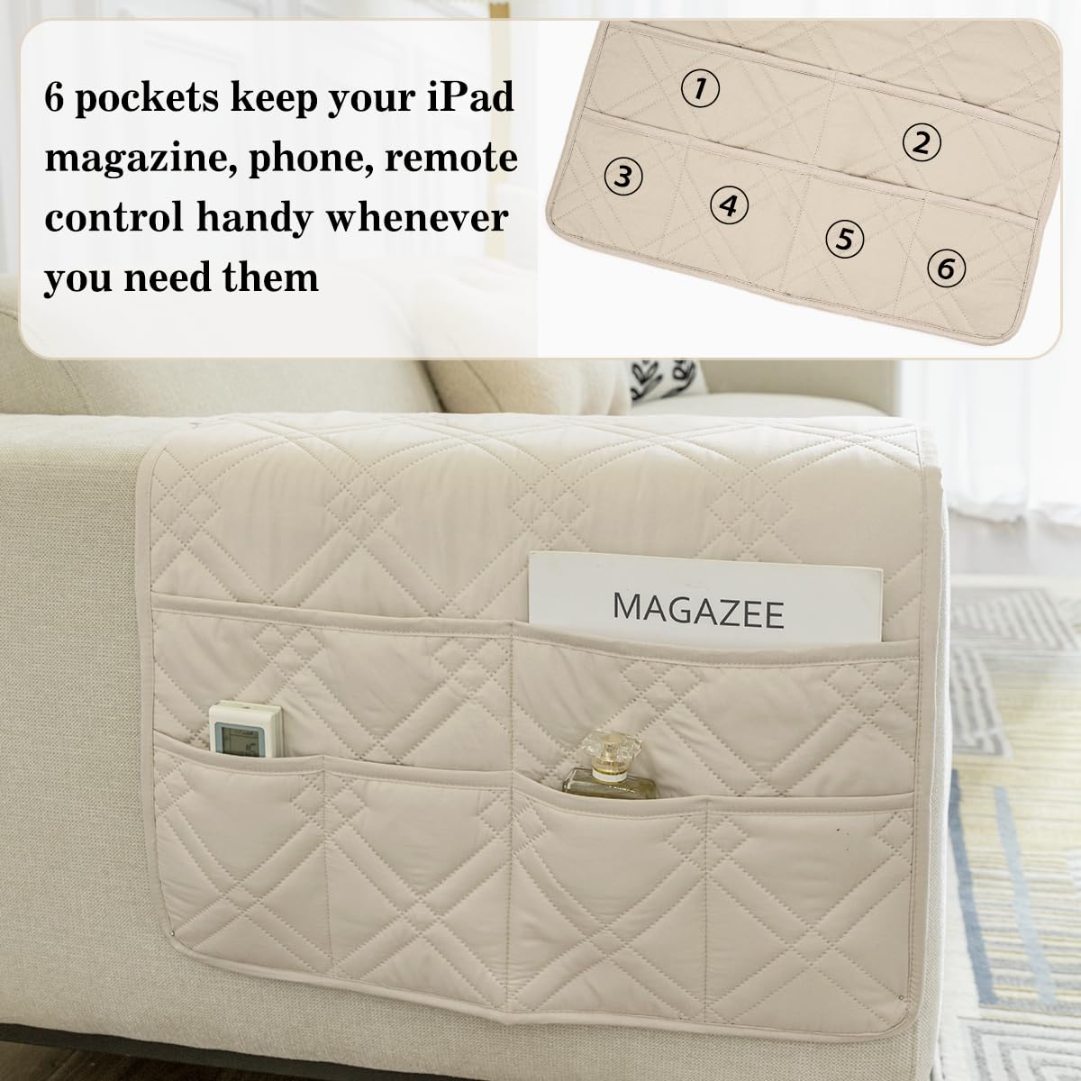HADEEONG Couch Armrest Organizer Remote Control Holder Bedside Caddy with 6 Pockets, Non-Slip Armchair Caddy Sofa Armrest Organizer for Tv Remote Control, Magazine, Cell Phone, Beige