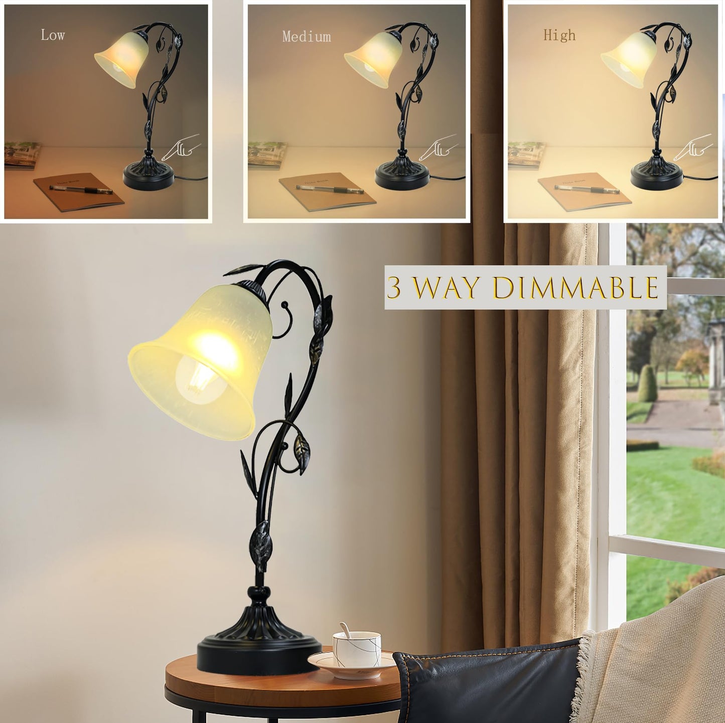 Flashell Touch Table Lamps, Flower Vintage Nightstand Lamp, Rustic Reading Bedside Light, Dimmable Farmhouse Stained Glass Lamp with USB for Bedroom Living Room, E26