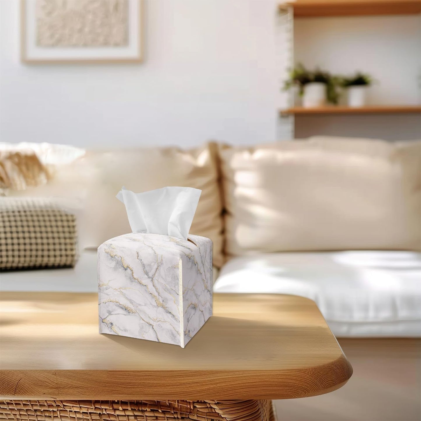 Tissue Box Cover Square, White Gold Marble Tissue Box Holder with Bottom Belt, Leather Facial Paper Holder for Bathroom Vanity Countertop, Nightstands, Dining Table, Office, Car -11