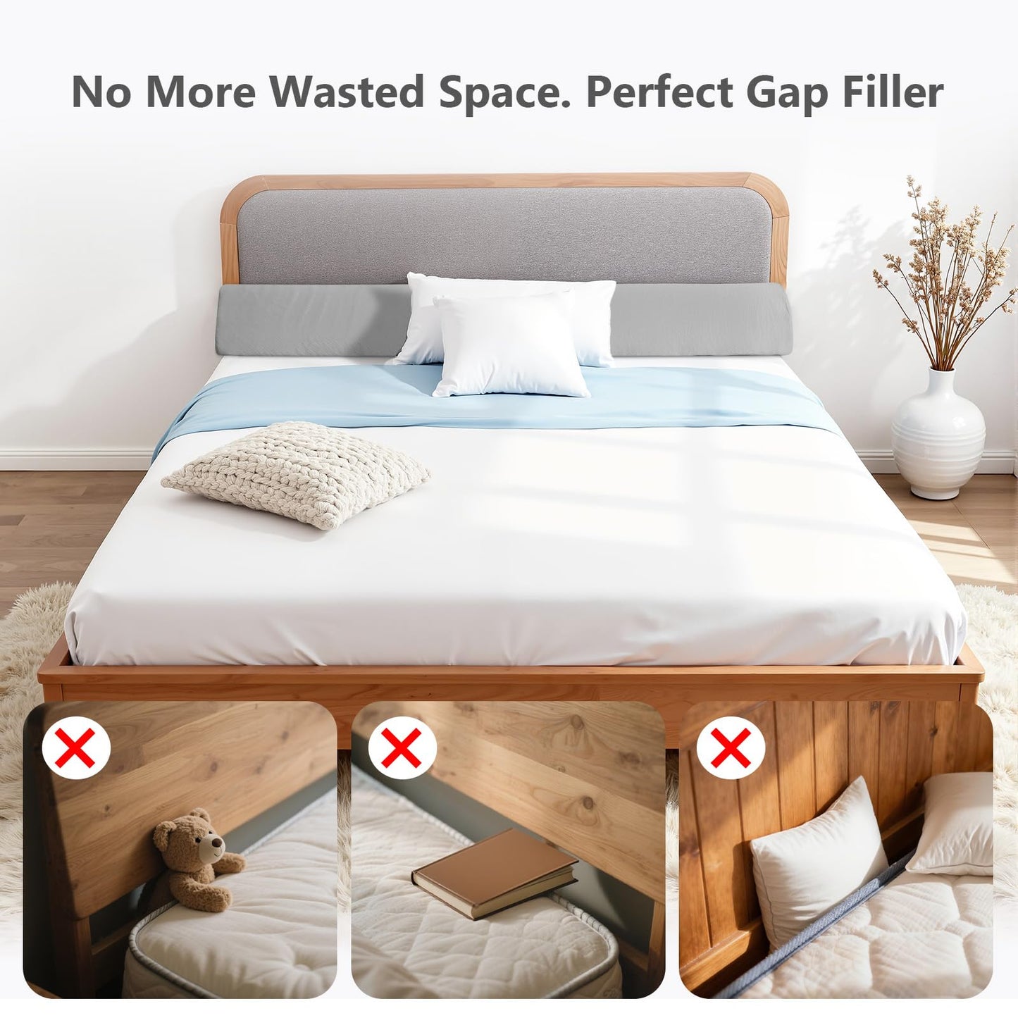 DUMOS Bed Wedge Pillow for Headboard & Mattress Gaps, 54-inch Long - Supportive Wedge Pillow with Side Pockets, Bed Wedge for Back Pain Relief, Reading & Sleeping, Removable Washable Cover