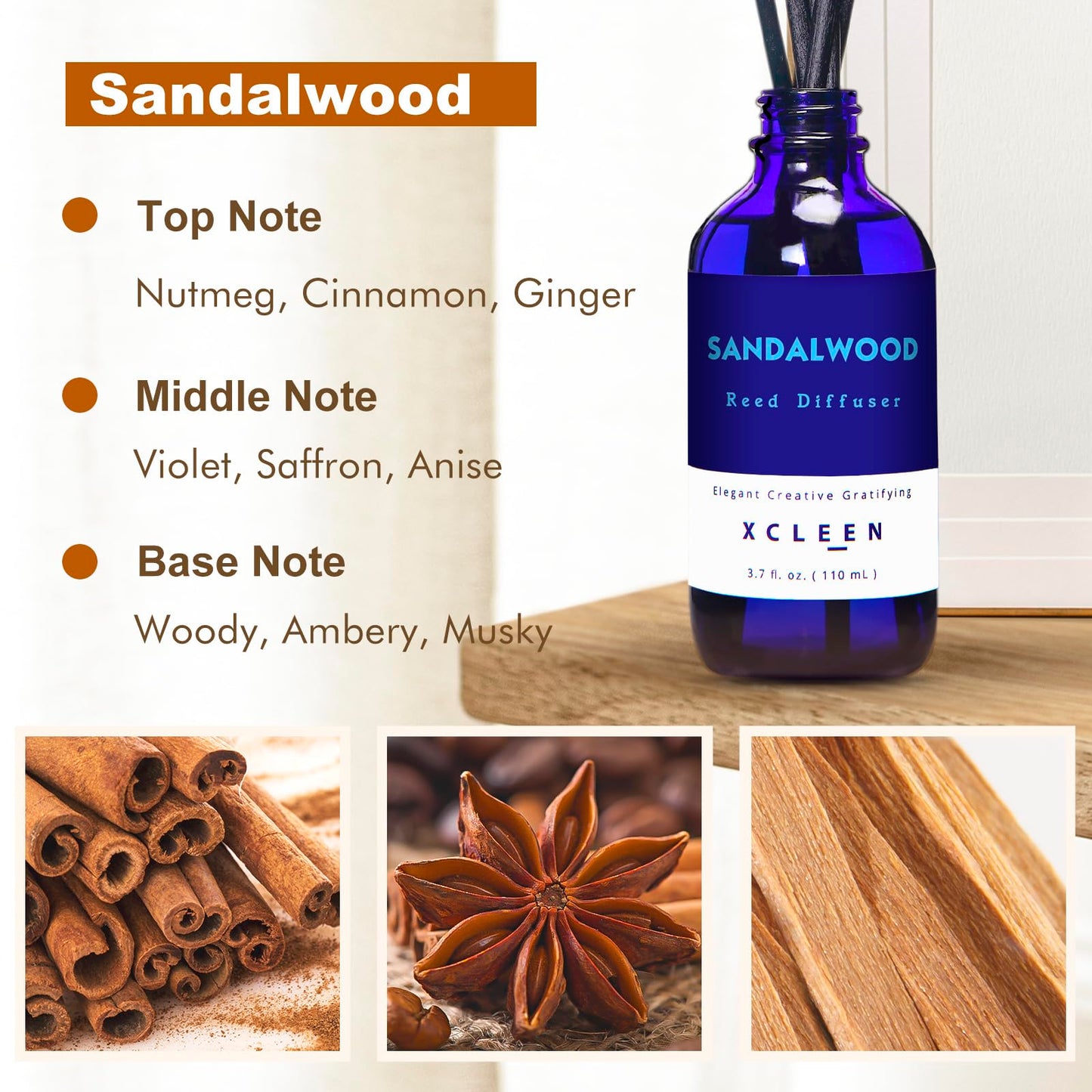 Xcleen Reed Diffuser Set with Sticks, Sandalwood Scented Oil Diffuser for Bathroom, Room Fresheners, Home Fragrance Bedroom Office Decor & Gift
