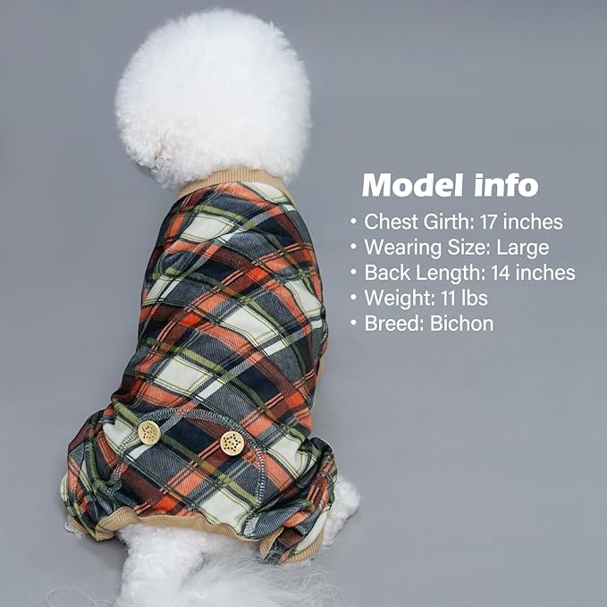 KYEESE Dog Pajamas Plaid Dog Pajamas for Small Dogs Boy Girl Stretchy Onesie Velvet Doggie Jammies Lightweight Pjs Soft Coat Comfy Pet Clothes, Khaki, Medium