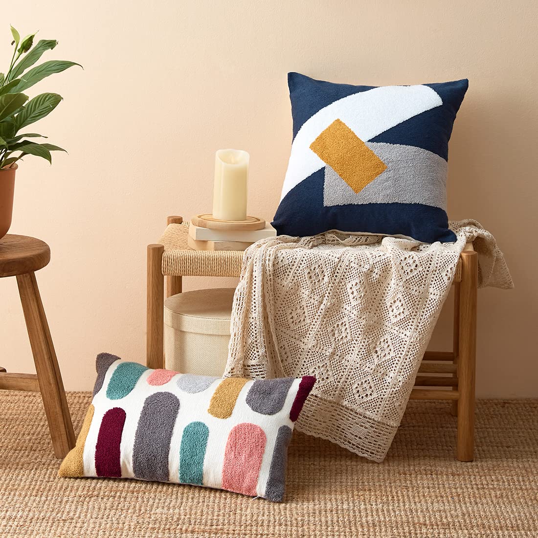 vctops Boho Geometric Tufted Lumbar Decorative Throw Pillow Cover Farmhouse Cotton Embroidery Accent Cushion Case for Couch Sofa Bed (Embroidery7, 12"x20")