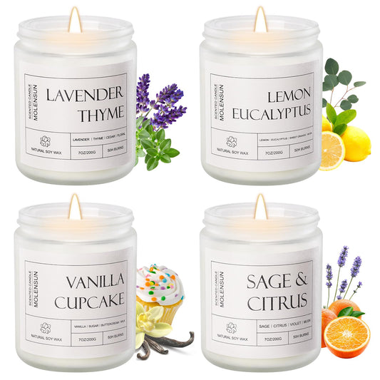Molensun 4 Pack Candles for Home Scented, 28 oz Long Lasting Candles, Soy Candle Set Gift for Women - Lavender Thyme/Lemon Eucalyptus/Sage &Citrus/Vanilla Cupcake