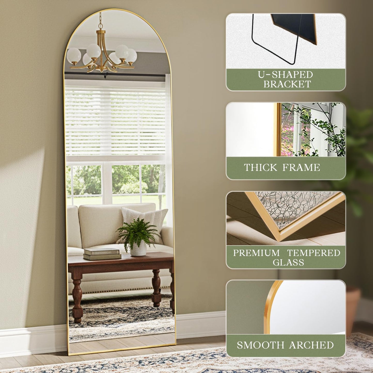 MISSDAY Arched Full Length Mirror, 64"x21" Full Body Mirror with Stand, Floor Mirror Long Free Standing, Leaning or Hanging, Aluminum Thin Frame Wall-Mounted Mirrors Wall Mirrors for Bedroom, Gold