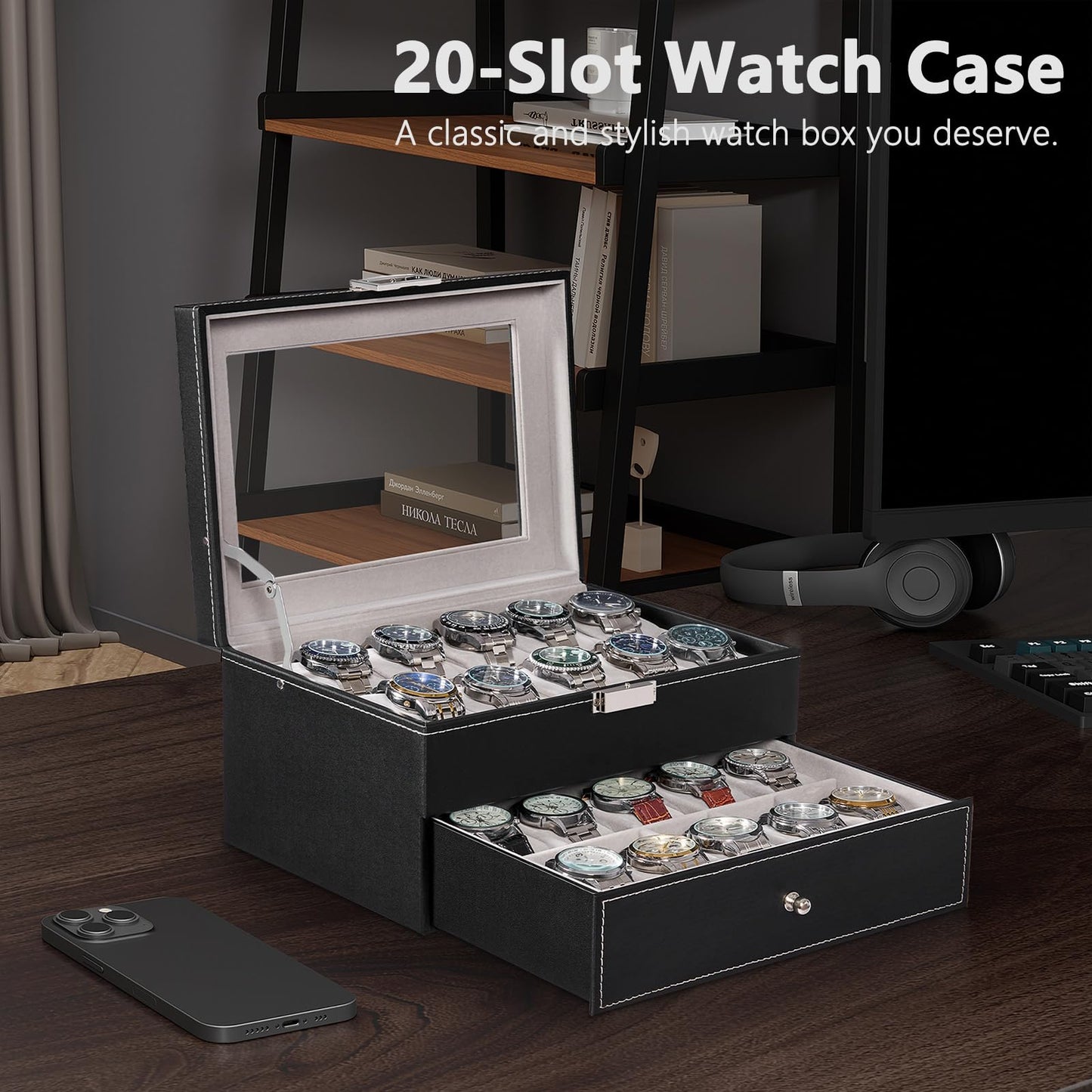 BEWISHOME Watch Case, 20-Slot Watch Box Organizer for Men Watch Case with Large Glass Lid Watch Travel Case Removable Watch Pillows, Mens Jewelry Box Watch Display Case, Watch Storage, Black SSH04B