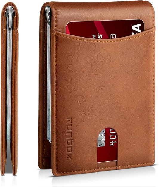 RUNBOX Slim Wallet for Men Genuine Leather RFID Blocking Bifold Minimalist Front Pocket Mens Wallet with Money Clip Thin Gift Box