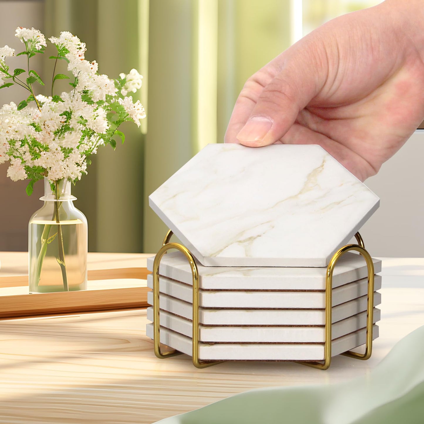 Dksyee 6Pcs White Marble Coaster Set with Holder Hexagon Ceramic Coasters Absorbent Coasters Drink Coasters Set for Coffee Table Bar Coasters Wine Coasters Modern Coasters Beer Coasters Cup Coasters