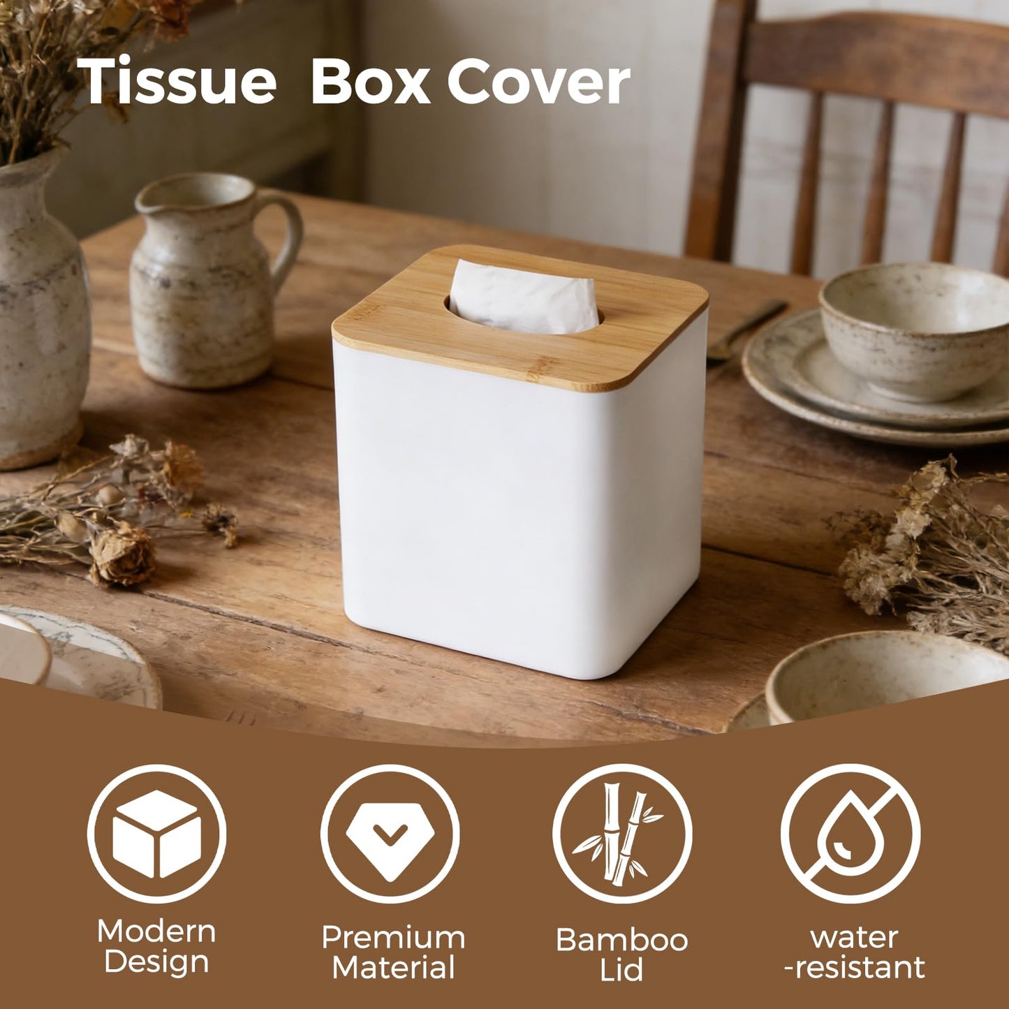 White Tissue Box Cover, Square Tissue Box Holder with Bamboo Cover Plate, Cube Tissue Box Cover for Desk Accessories, Decorative Tissue Box Tissue Holder for Bathroom Office