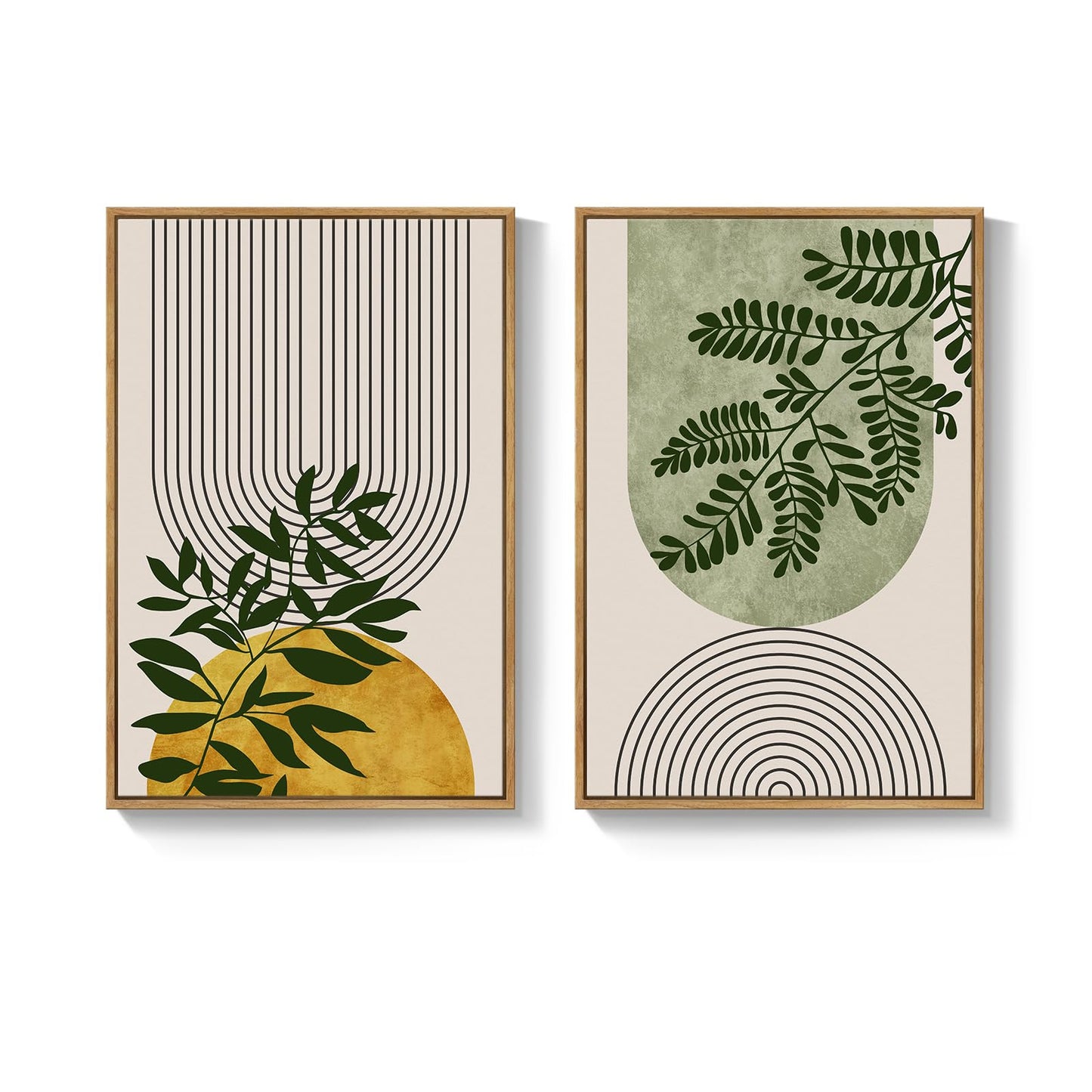 Large Framed Green Boho Wall Art Set of 2 for Living Room, Mid Century Modern Bohemian Botanical Geometric Artwork for Walls, Neutral Canvas Painting Print Wall Decor for Bedroom Home Office, 24x36 In