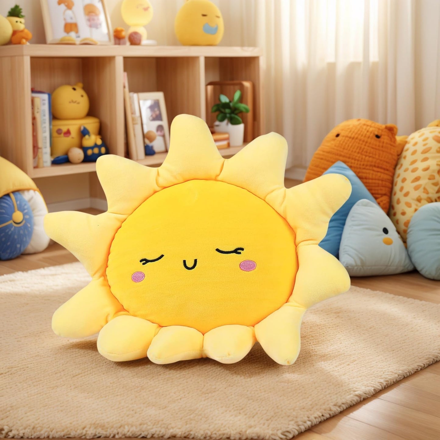 Lioong 17.8Inch Cute Sun Shaped Pillow Sofa Cushion Car Throw Pillows Floor Pillow for Kids Girls Women Home Decor,Yellow