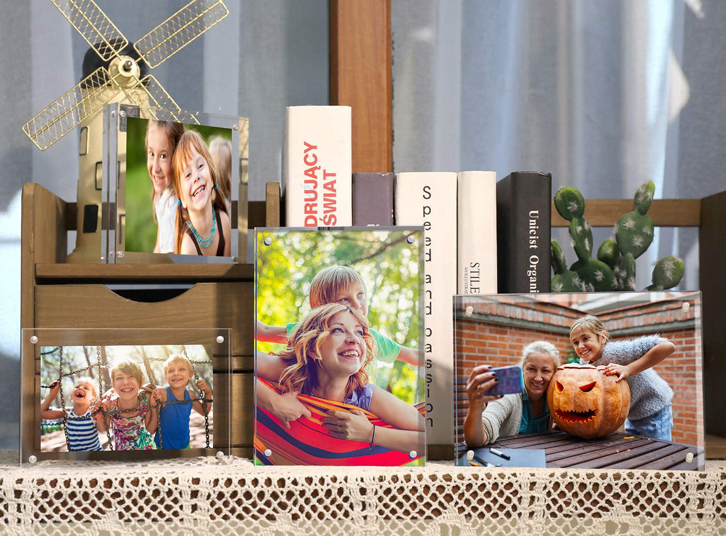 ILYXY 2 Pack Acrylic Frame 5x7, 20% Thicker, 24mm Thick Frameless Clear Picture Frame, Double Sided Magnetic Photo Frame, Free Standing Desktop Display Stand Acrylic Picture Frames