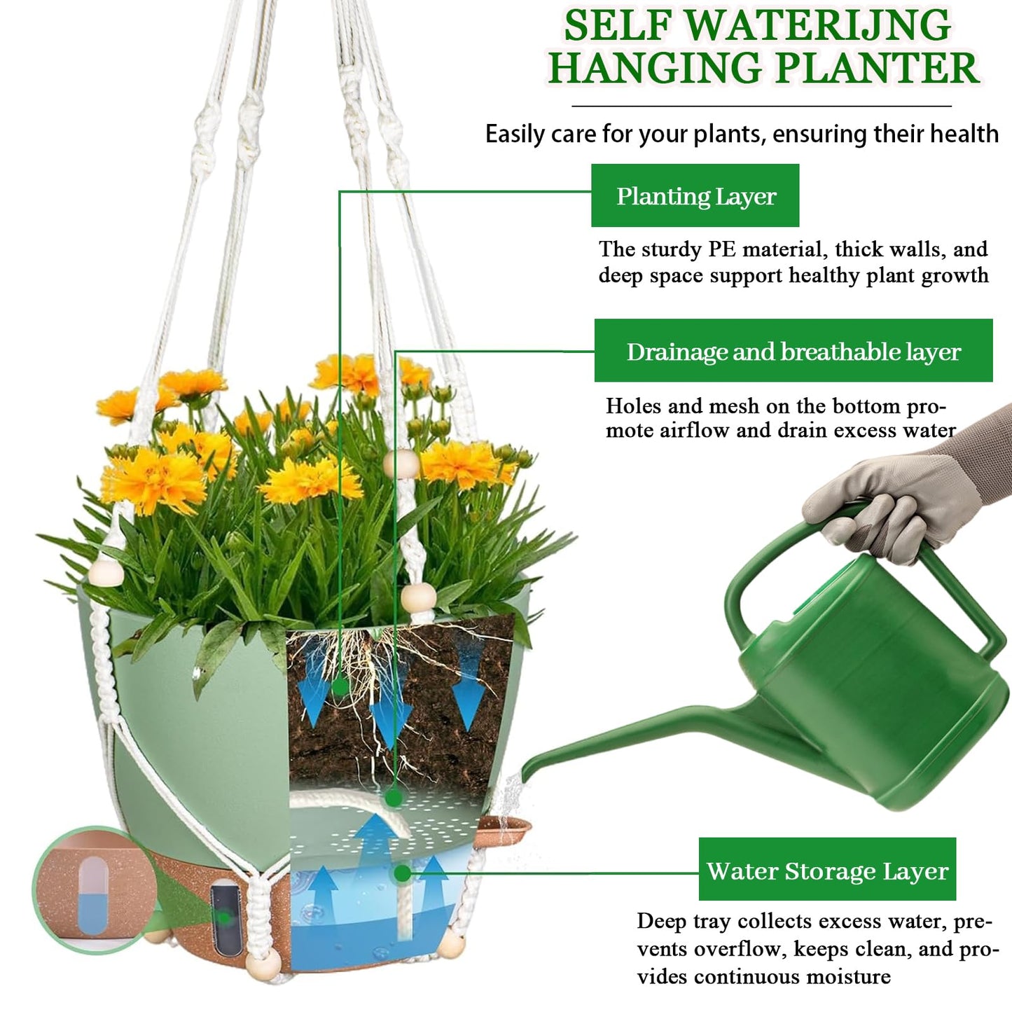 Fielda 10 Inch Hanging Planters for Indoor Plants, 2 Pack Self Watering Hanging Baskets Flower Pots with Drainage Hole, Visual Reservoir & 2 Kinds of Plant Hanger for Home Decor(Green)