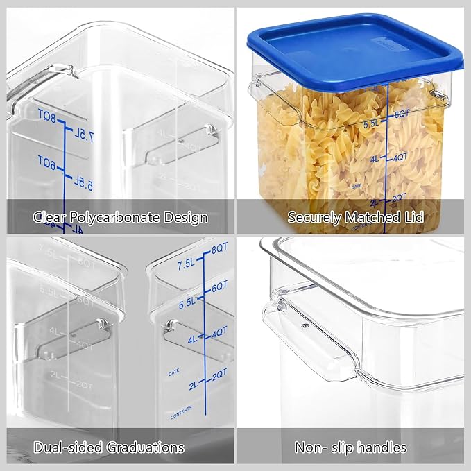 TSUBOR 4 Pack Food Storage Containers with Blue Lids, 6.0 Qt - Square, Clear, Polycarbonate, for Restaurant Commercial Kitchen and Home party
