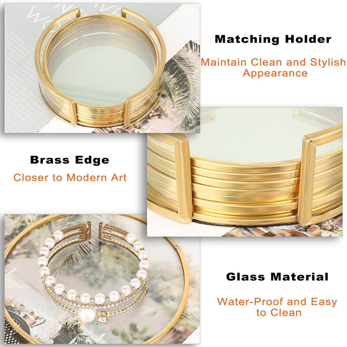 JUXYES Set of 8 Glass Round Coasters with Holder, Golden Brass Coasters for Drinks Glass Cup Coaster Set Modern Coaster Cups Mats Decor for Restaurant Kitchen Bar Dining Table