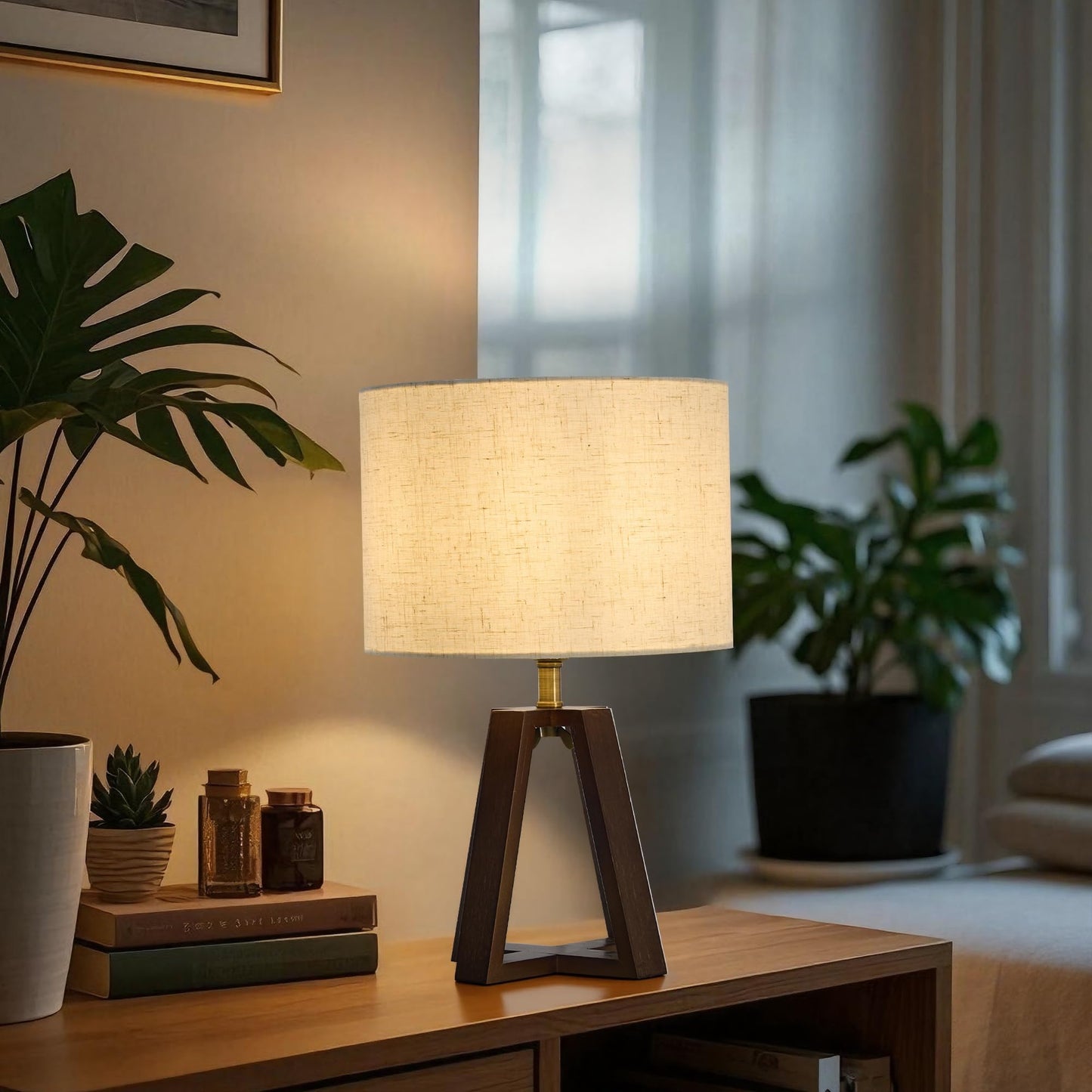 Booniture Cross-Base Table Lamp, Small Bamboo Bedside Lamp with Beige Linen Lampshade, Boho Modern Nightstand Lamp for Bedroom Living Room Office,E26 Socket, Walnut