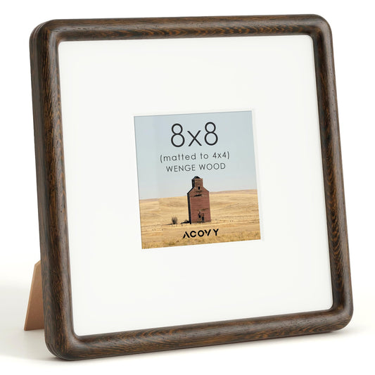 Acovy 8x8 Picture Frame, Natural Solid Walnut Wood Photo Collage Frame with HD Tempered Glass, Rounded Corner Wooden Frame 8 x 8 Matted to 4x4, Gallery Wall Frames for Art, Wall or Tabletop Display