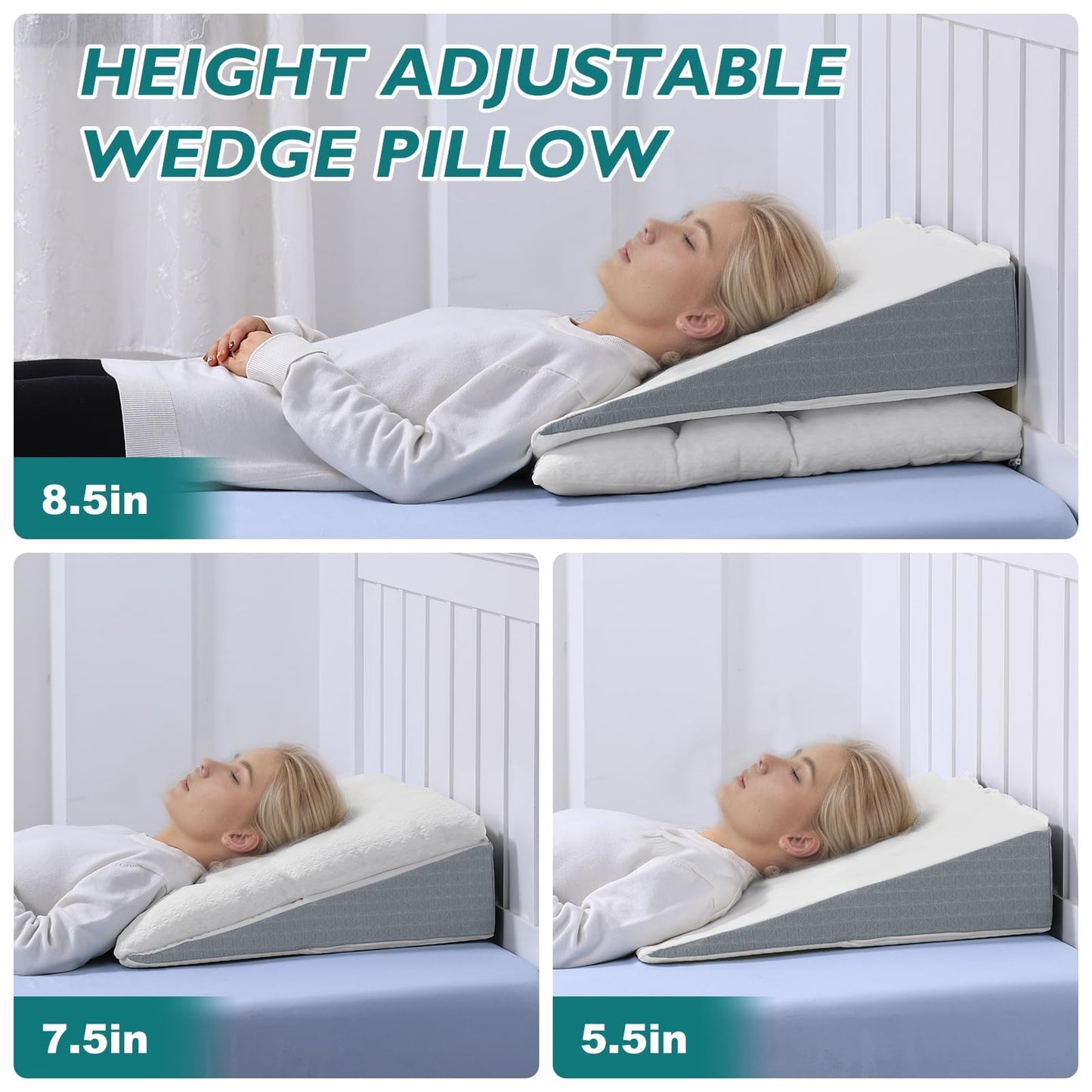 TANYOO Bed Wedge Pillow for Sleep Apnea 7.5Inch Gerd Pillow Patent Dual Layer Triangle Pillow Adjustable Shredded Memory Foam Topper Soft Support Ideal for Acid Reflux, After Surgery, Snoring