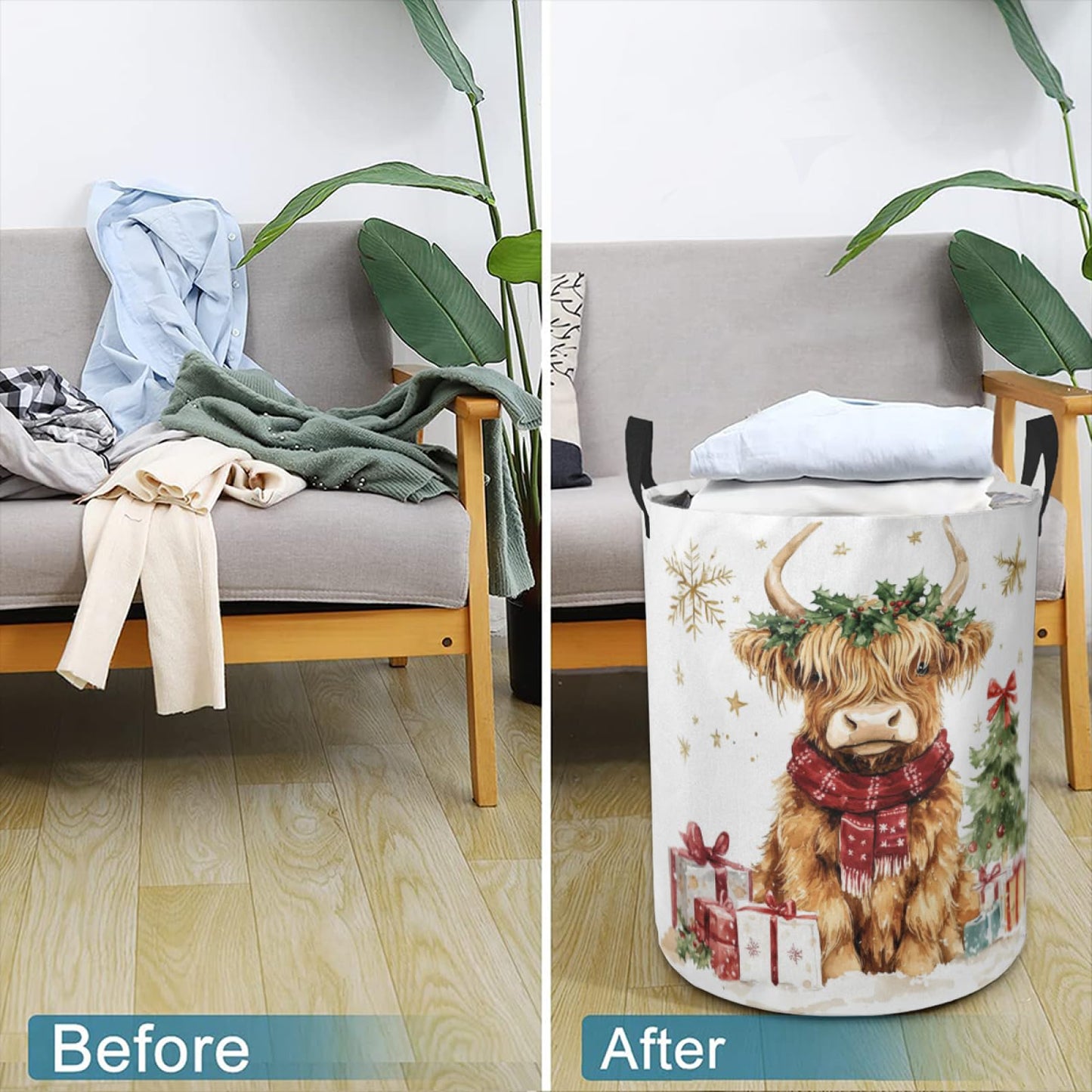 Christmas Highland Cow Laundry Basket Cute Animal Foldable Laundry Hamper with Handles Clothes Storage Bin for Household Bedroom Bathroom Dorms 17.3"x13.6"