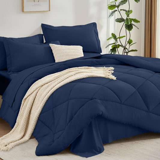 FUANNA 7 Pieces Queen Comforter Set, All Season Bed in a Bag Queen Size, Luxury Soft Bedding Sets with Comforter, Flat Sheet, Fitted Sheet, Pillowcases & Pillow Shams, Navy Blue