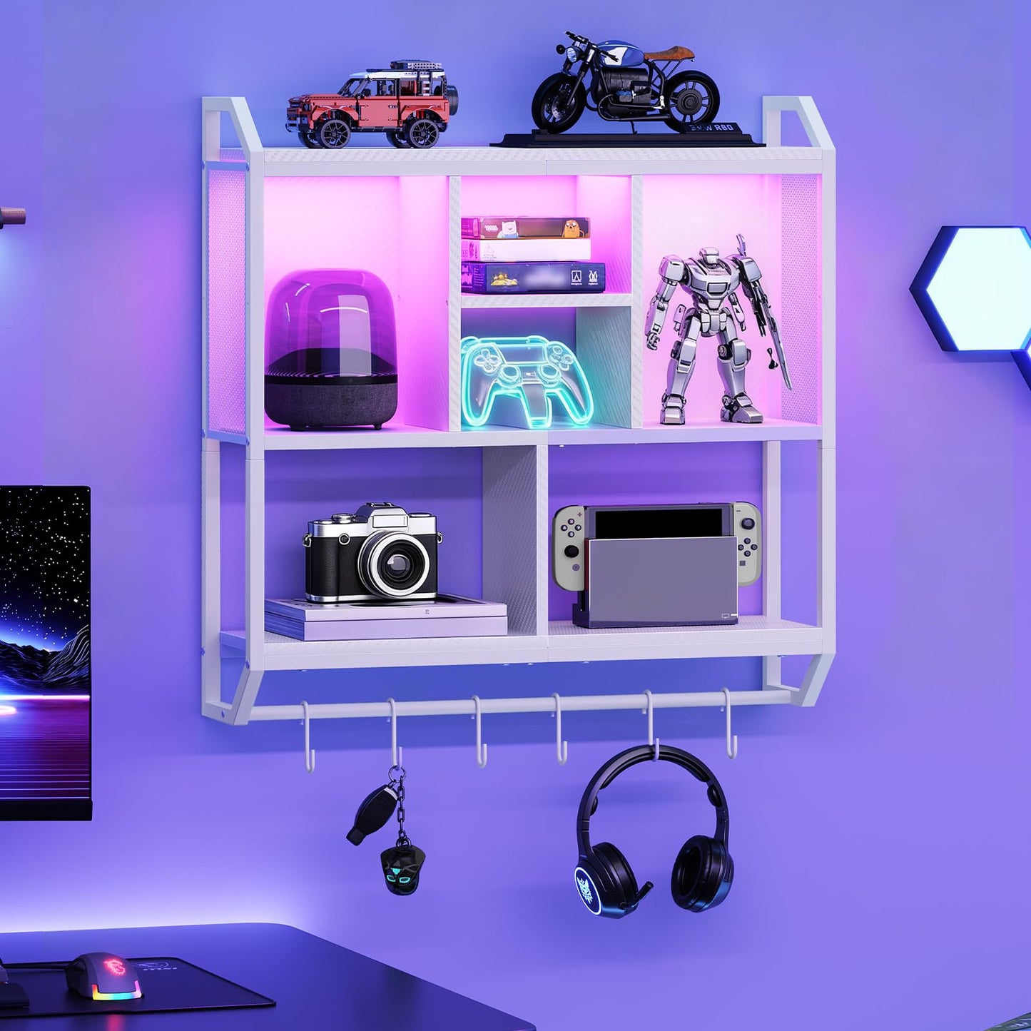 HOOBRO Gaming Floating Shelves with LED Lights, 28.7" LED Wall Mounted Shelf, 3-Tier Display Rack for Wall Storage, Floating Rack with Hanging Rod and 6 S-Hooks, for Gaming Room, White WT70DBJ01