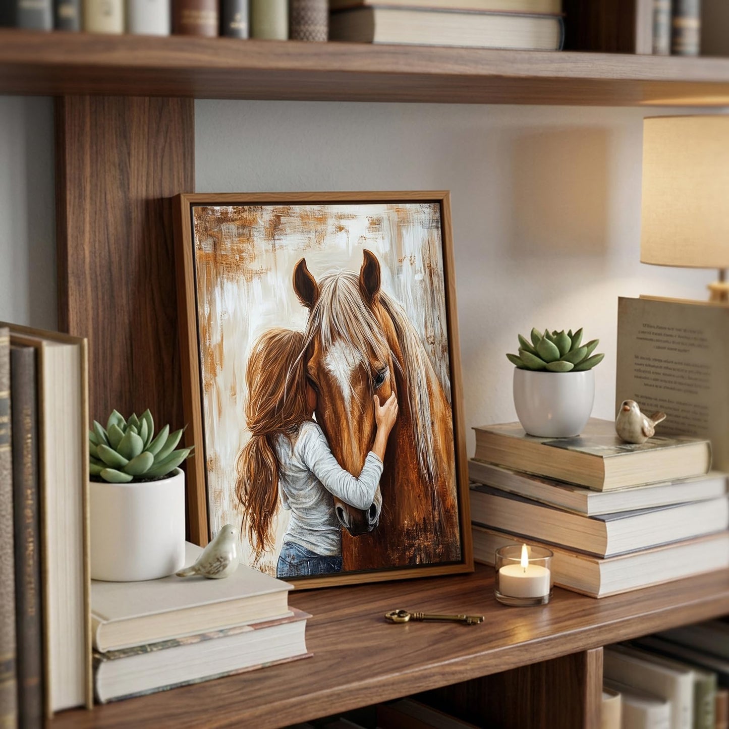 Framed Horse Canvas Wall Art Girl and Horse Rustic Farmhouse Equestrian Pictures Wall Decor for Girls Bedroom, Western Country Art for Living Room Study (8x10in)