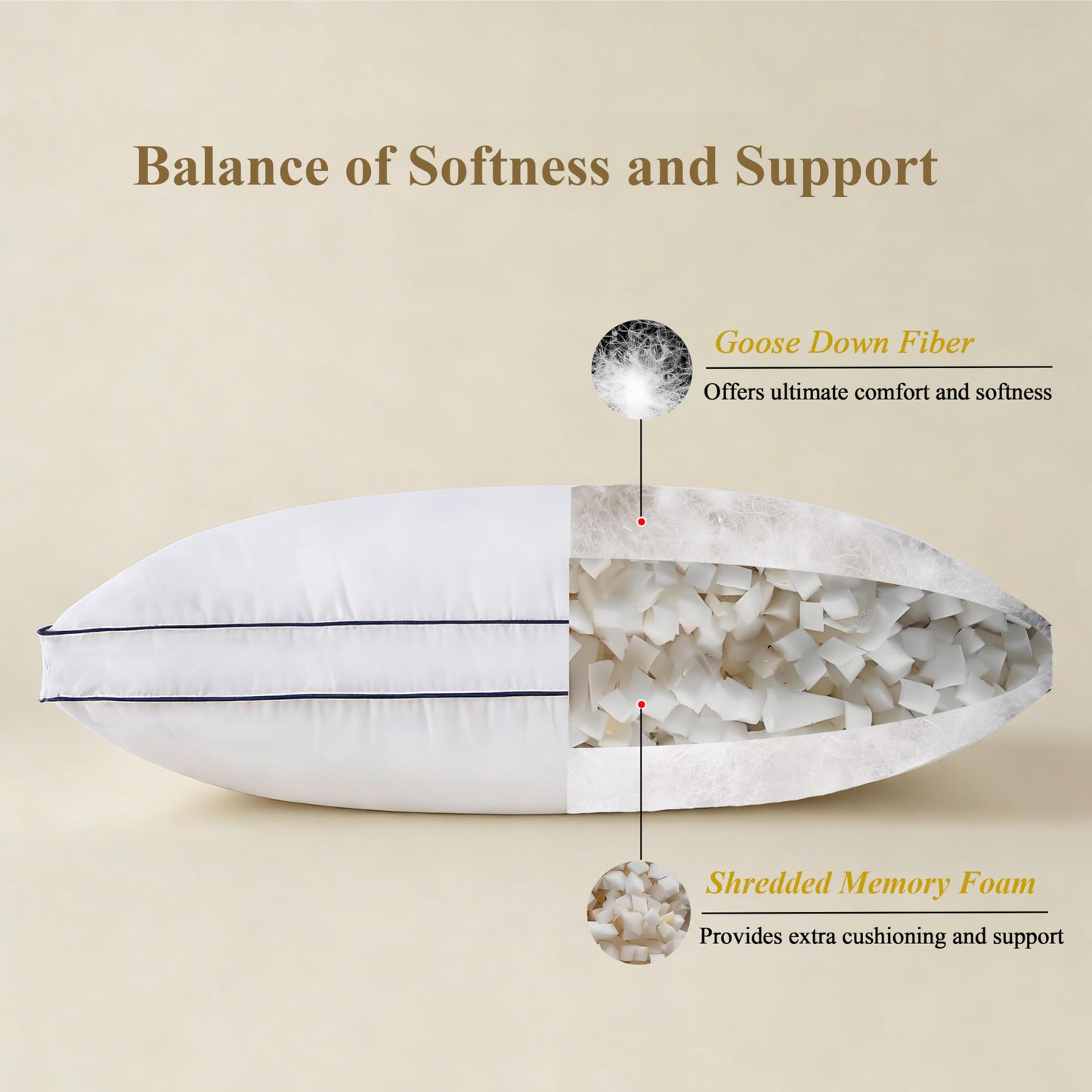 DOWNCOOL Goose Down Bed Pillows King Size Set of 2, Pillow Soft Support for Side, Back or Stomach Sleepers, for Better Sleep Experience, White 20" x 36"