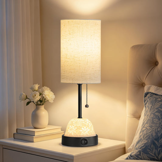 SIBRILLE Table Lamp for Bedroom, Dual Light Nightstand Lamp with Fabric Shade & Ceramic Carved Night Light Base, Individual Controls Bedside Lamp for Living Room, 8W LED Bulb Included
