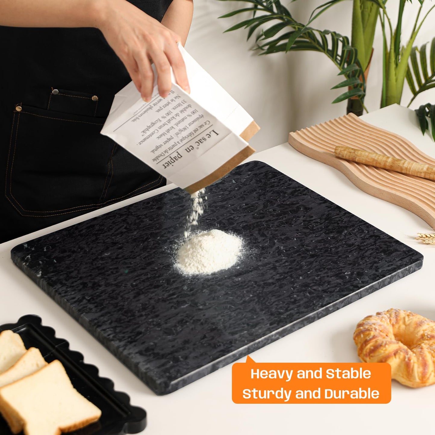 Adolif Black Marble Cutting Board For Kitchen, Large Marble Slab Pastry Board With Non-Slip Feet For Baking, Cheese, Charcuterie, Chocolate, 16x20 Inch, Pack Of 1 Piece