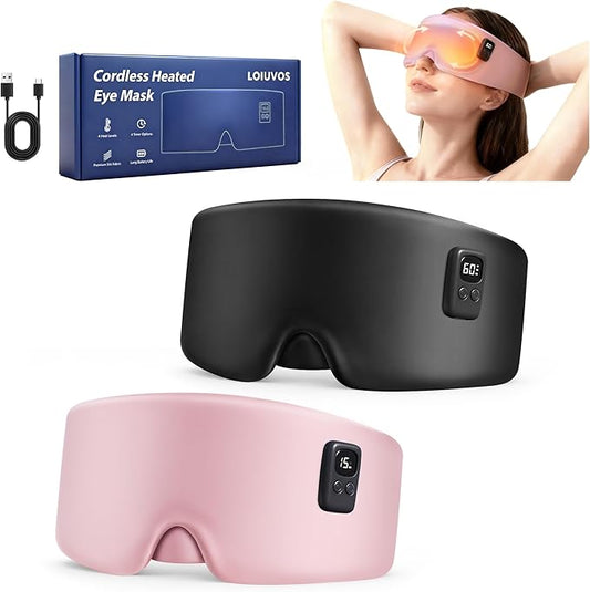 Heated Eye Mask for Dry Eyes, Cordless Warm Eye Compress 120-Min Battery, FSA - HSA Eligible, Eye Strain Relief, Washable Silk Travel Eye Mask with Extra Cover for Better Sleep (Pink & Black)