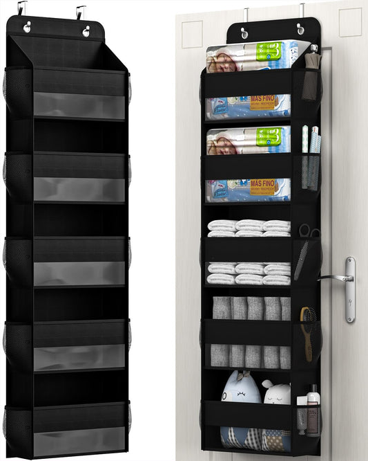 Hioya Over The Door Storage Organizer, RV Bathroom Organizer, Over The Door Organizer Camper Storage and Organization, 5 Shelf Hanging Over Door Organizer for Camper, Bathroom, Bedroom, Closet-Black