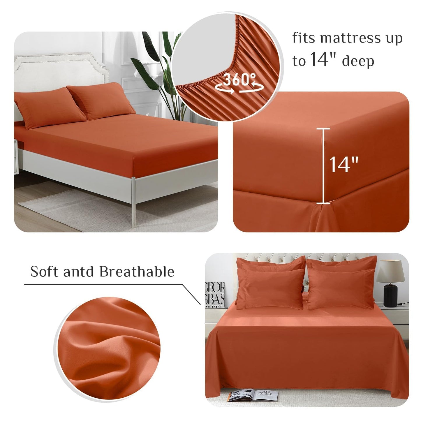 JOLLYVOGUE Queen Comforter Set, Ultra-Soft Bed in a Bag Queen Size 7 Pieces, Oeko-TEX Certified Bedding Set with Down Alternative Comforter, Sheets, Pillowcases & Shams, Burnt Orange
