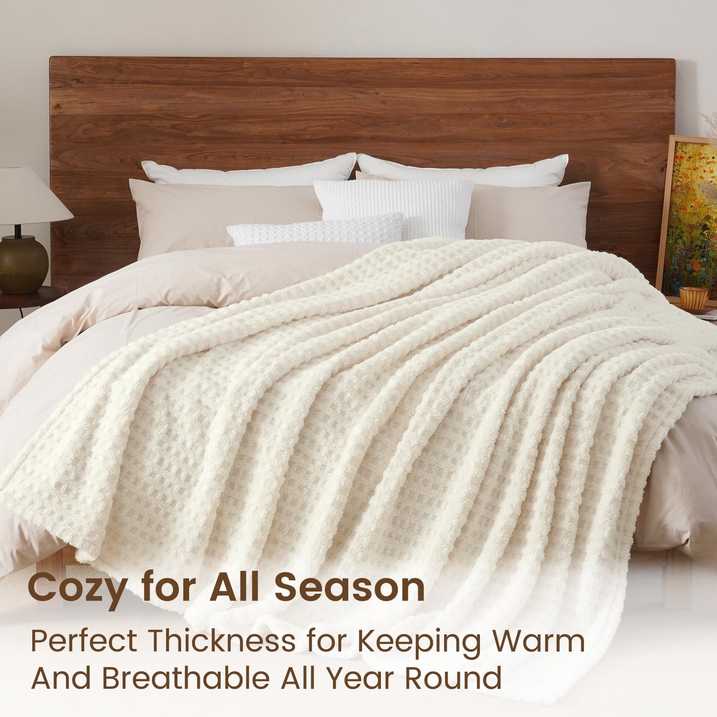 David's Home Ultra Soft Fleece Blanket Queen Size for Bed, Plush Shaggy Fluffy 3D Jacquard Waffle Throw for Couch, Warm Lightweight for Fall Winter,Fuzzy Aesthetic Room Decor,90x90 inches,Cream