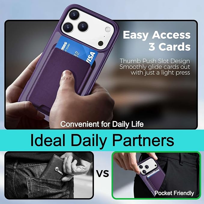 Ntwinro Magnetic for iPhone 17 Pro Max Case (Compatible with MagSafe) with Detachable Wallet & Card Holder for 3 Cards [RFID Blocking] Military Grade Protective Slim Phone Cover, Purple