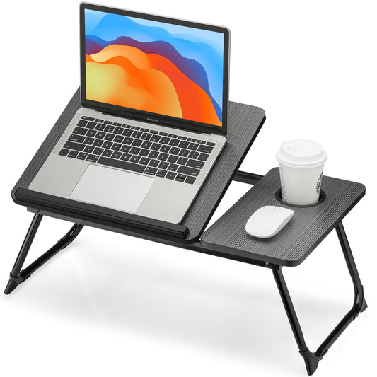 FISYOD Foldable Laptop Desk for Bed Couch, Adjustable Split Lap Desk with Cup Holder, Portable Lightweight Bed Table Tray, Heavy-Duty Laptop Stand for Working, Writing, Reading and Eating - Black