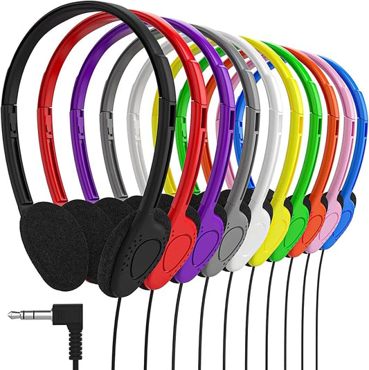 Maeline Bulk Classroom Student Headphones On Ear Stereo Headphones Flexible Adjustable Band for Kids Online Learning, Library, School, Airplane, Travel - 3.5mm Plug - 400 Pack - Multi