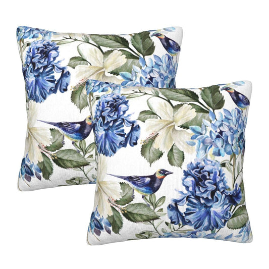 Coshatsu Blue and White Floral Pillow Covers 18x18 Set of 2, Spring Hydrangea Hibiscus Flowers Throw Pillow Covers Square Decorative Pillow Case for Couch Bed Sofa Cushion Home Decor