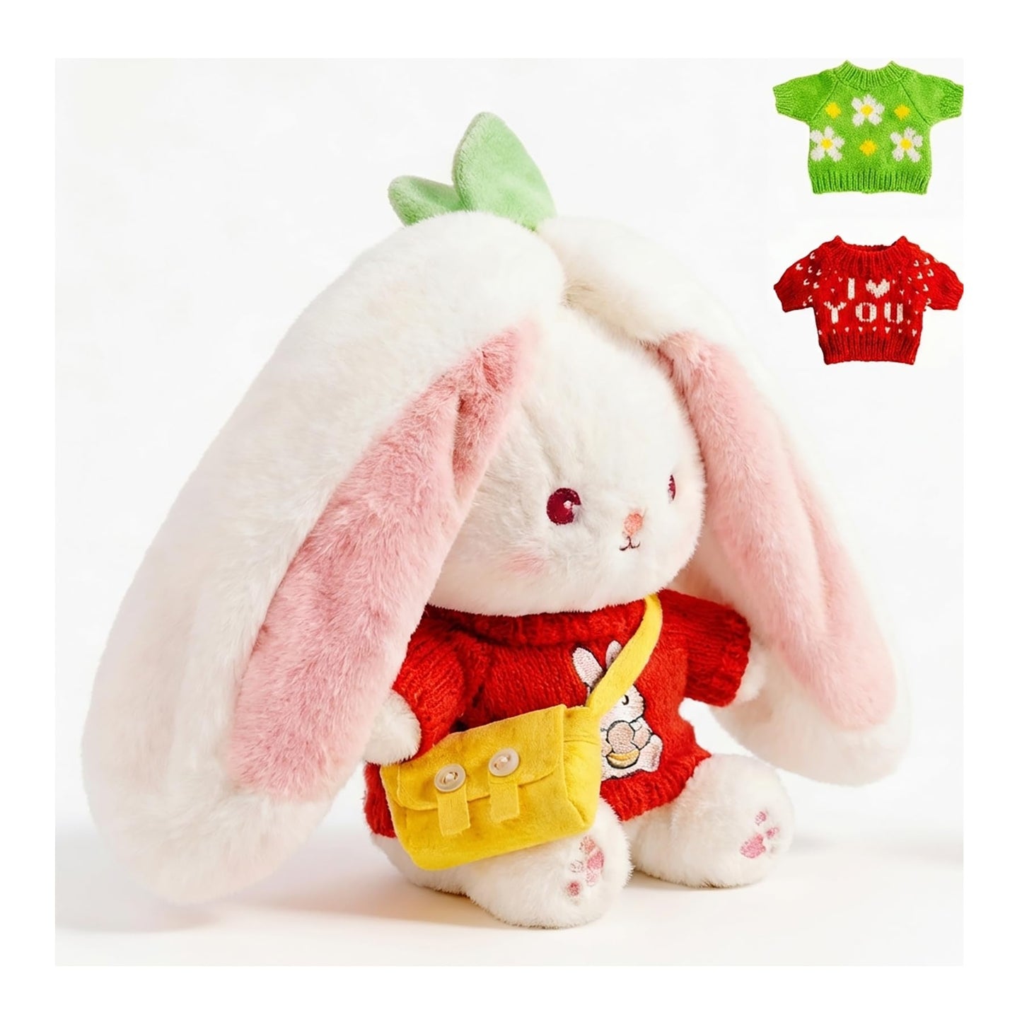 5Pcs Bunny Plush with Clothes & Accessories, Cute Bunny Stuffed Animal Reversible, Strawberry Carrot Bunny Transformed Rabbit Plush Zipper Soft Doll Easter Birthday Party Gift (5PCS Set Strawberry)