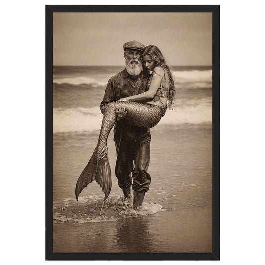 Framed Canvas Wall Art Mermaid and Sailor Poster Art Print Vintage Retro Aesthetic Pictures Wall Decor Romantic Ocean Beach Paintings for Living Room Bedroom Bathroom Apartment (Framed,12W X16L)