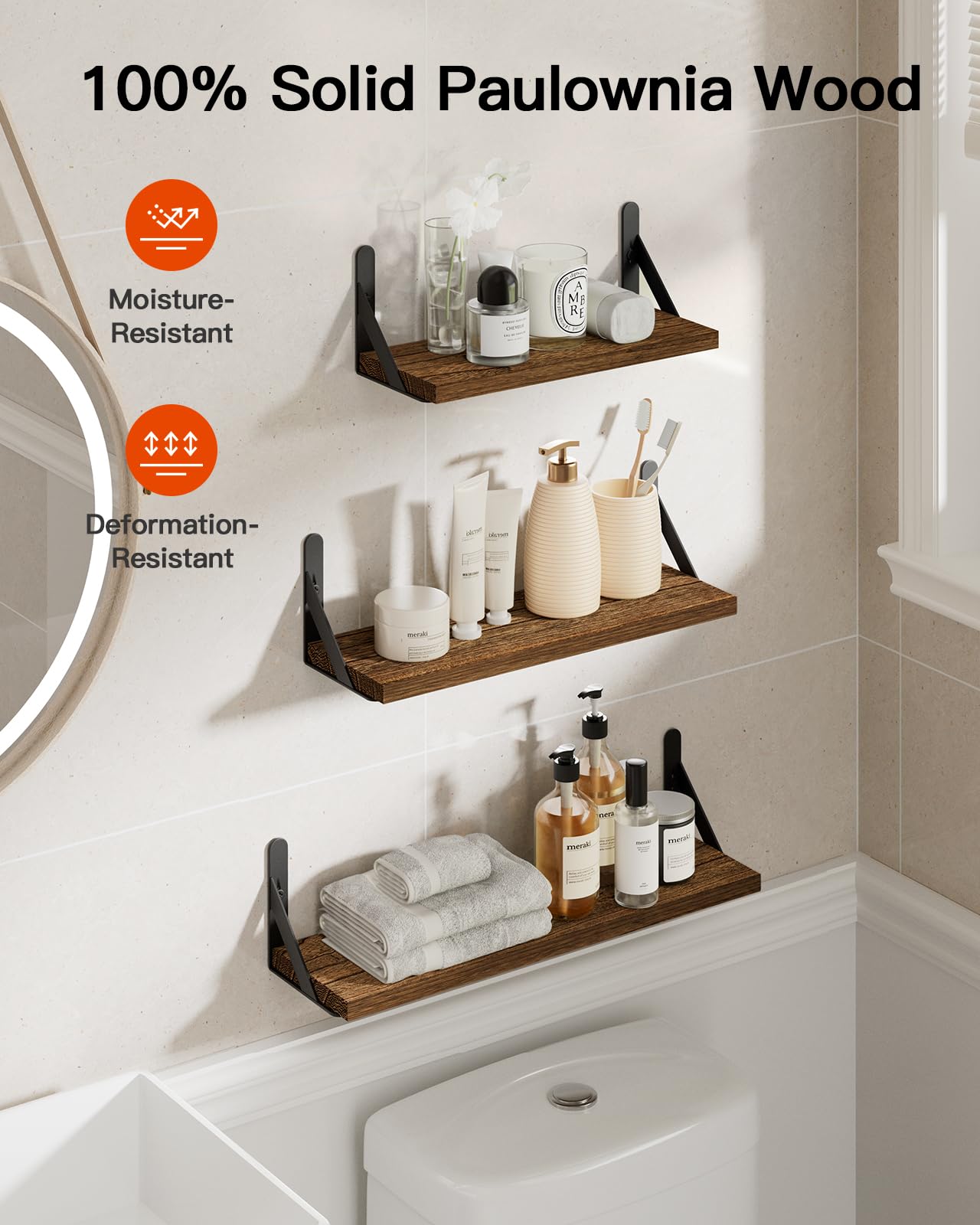 AMADA HOMEFURNISHING Wall Shelves Set of 6, Rustic Farmhouse Floating Shelves for Bedroom, Bathroom & Living Room, Brown