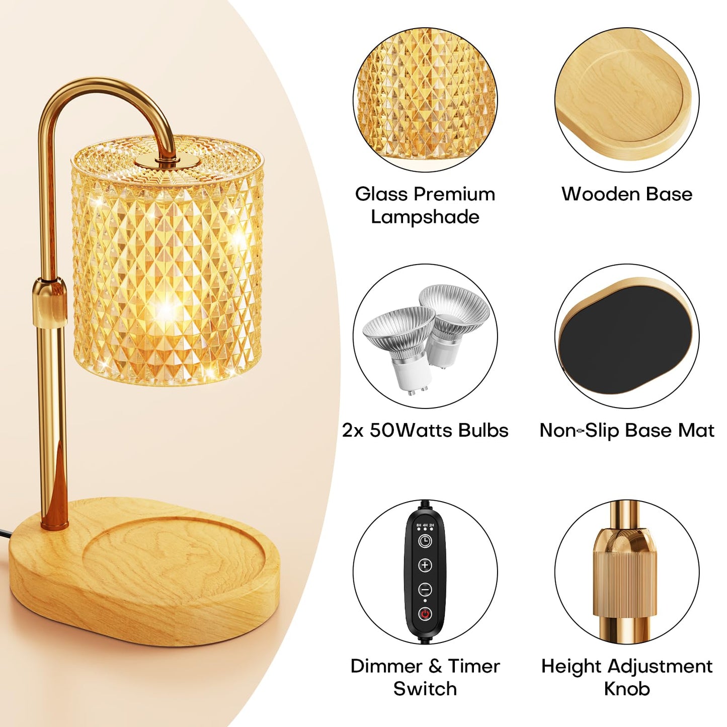 Candle Warmer Lamp with Timer Dimmer Height Adjustable Electric Candle Wax Warmer for Jar Candles Wax Melt Warmer with 2Bulbs Heater Lamp for Scented Wax for New Home Decor,House Warming Gifts