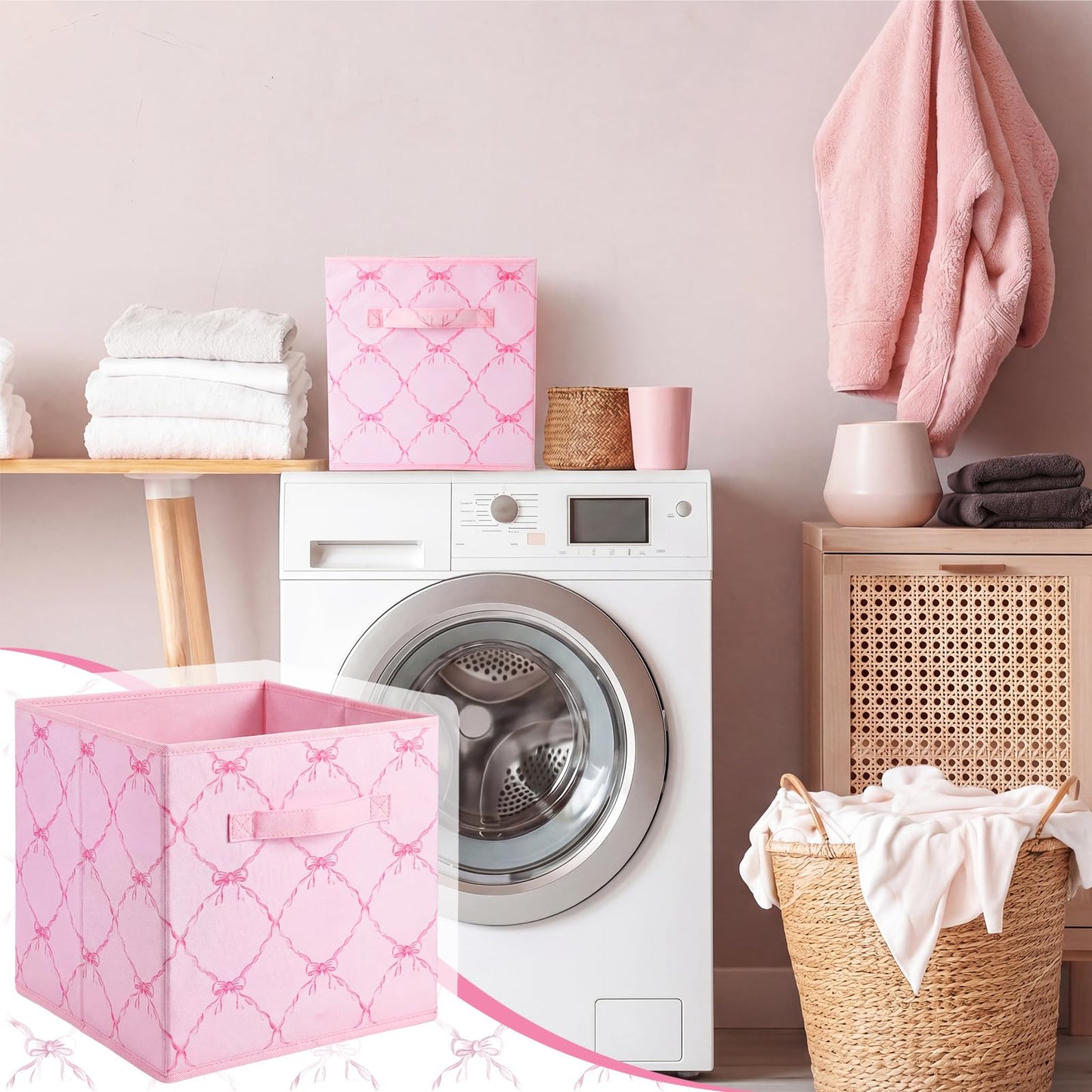 Geelin 6 Pcs Pink and Pink Bow Cube Storage Bins 11 Inch Storage Basket with Handle Cute Preppy Girls Organizer Container Collapsible Fabric Box for Classroom Bedrooms Office Home Decoration Gift