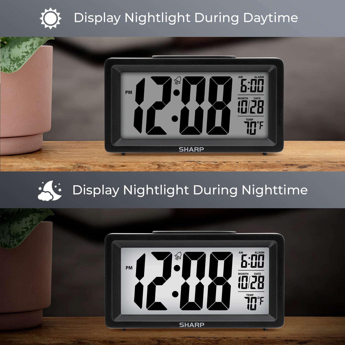 SHARP Alarm Clock with Indoor Temperature, Nightlight, Calendar, Battery Operated Digital Small Clock for Bedrooms or Travel, Black (SPC5025AMZ)