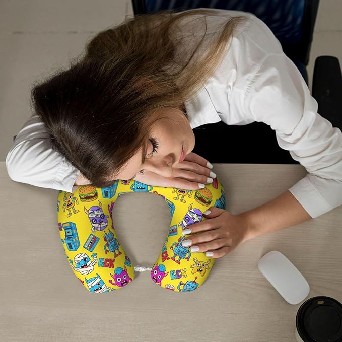 Comfortable Memory Foam Travel Neck Pillow, Funny Chin/Head Cushion Supporting Airplane Car Pillows Trippy Anime Monster Hamburger Drink for Sleeping Outdoors Travel Office
