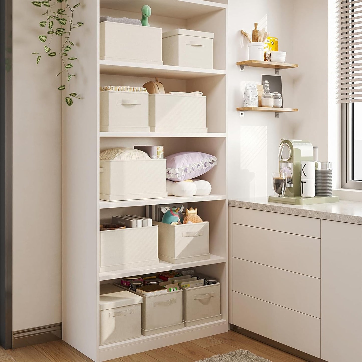 Large Foldable Fabric Storage Bins with Lids, 2 Pack Beige, 17.5"x12"x11.5", Cotton Linen Material with Handles, for Shelves, Nursery, Bedroom, Home, Office, Organizing Clothes, Toys, Blankets, Books