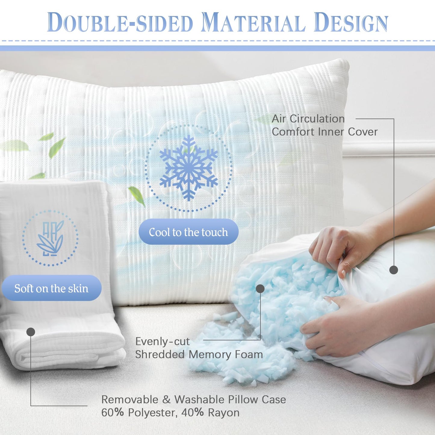 Meoflaw Cooling Pillows for Sleeping Standard Size Set of 2,Shredded Memory Foam Bed Pillow,Adjustable Loft Standard Pillow for Side & Back Sleeper-Medium Firm