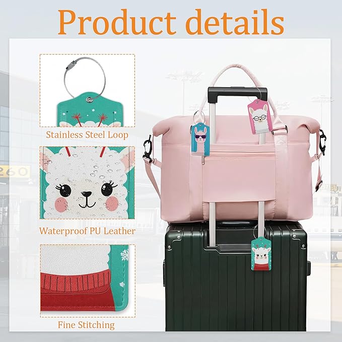 Alpaca Luggage Tags for Suitcase 3 Pack, Leather Bag Tags Identifiers with Privacy Name Address Labels and Durable Steel Loop for Men Women Backpack