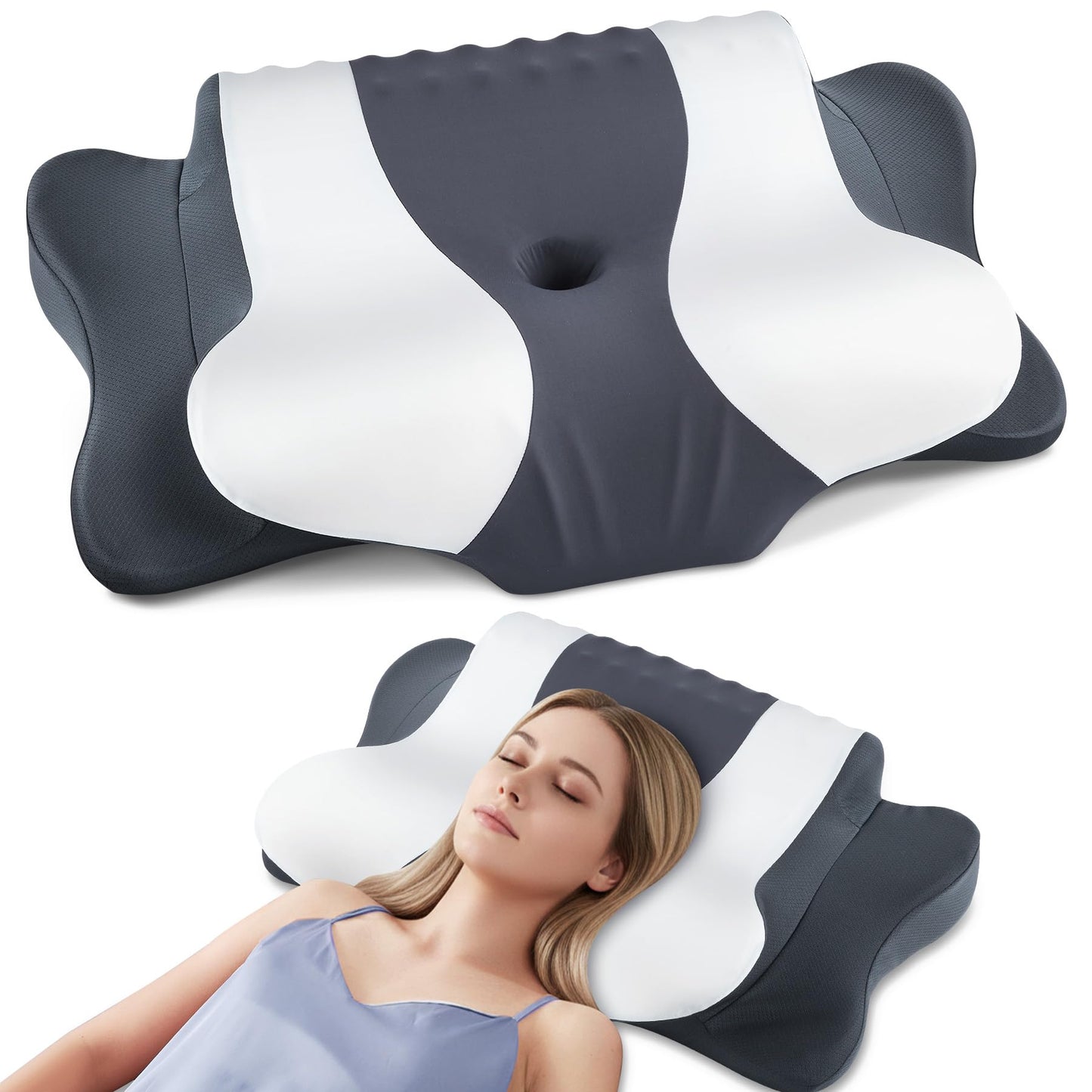 Cervical Neck Pillow for Pain Relief,Cervical Pillow with Memory Foam Ergonomic Pillows with Dual Heights for Back,Stomach and Side Sleepers Kids' Floor Pillows Cushions (Grey White, Standard 27"×16")