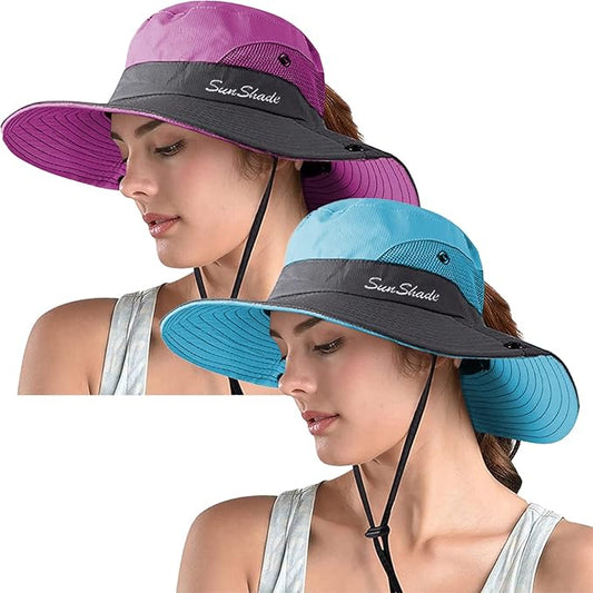 ZOORON Women's Ponytail Safari Sun Hat,Wide Brim UV Protection Outdoor Bucket Hat,Foldable Beach Summer Fishing Hat